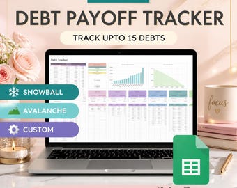 May include: A digital debt payoff tracker for Google Sheets displayed on a laptop screen. The interface features charts, tables, and tracking options for up to 15 debts, including snowball, avalanche, and custom methods. Text includes DEBT PAYOFF TRACKER.