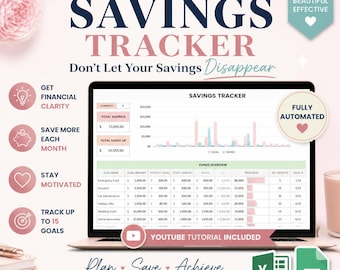 May include: A digital savings tracker for Excel and Google Sheets displayed on a laptop screen. The interface features a bar chart, a funds overview table with goal names, and financial data. Text includes "Savings Tracker," "Fully Automated," and "Youtube Tutorial Included."