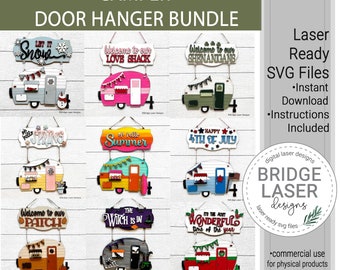 May include: A set of six digital cut files for laser cutting camper door hangers. The designs include various themes such as "Let it Snow", "Welcome to our Love Shack", "Welcome to our Shenanigans", "It's the Most Wonderful Time of the Year", "The Witch is In", and "Happy 4th of July".