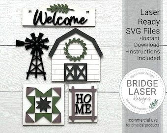 Farmhouse Laser Cut File, Farmhouse Interchangeable Add-On SVG, Barn, Home Sign, Quilt Square, Welcome Sign, Farmhouse Tiered Tray Files