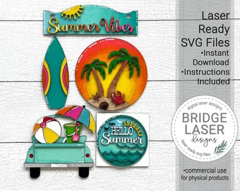 Summer Beach  Laser Cut File, Summer Beach Interchangeable Add On, Surf Board Umbrella Beach, Summer Tier Tray, Summer Laser Designs SVG