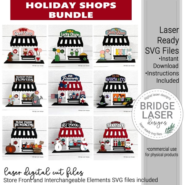 Holiday Shops BUNDLE Laser Cut File, Laser Bundle SVG, Spring Summer Fall Winter Laser File, Holiday Standing Laser, Interchangeable SVG