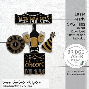 Fichier découpé au laser du Nouvel An, caisse/clôture interchangeables du Nouvel An, horloge à vin pour chapeau de fête, conception laser Glowforge, Happy New Year