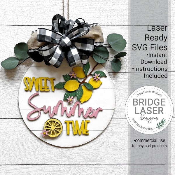 Summer Lemon Door Hanger Laser File, Sweet Summer Time Laser Cut Design SVG, Lemon Welcome Sign Laser File, Welcome Sign Laser File SVG
