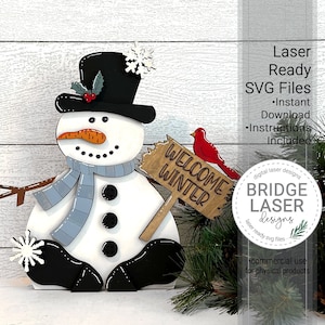 Fichier de découpe laser bonhomme de neige étagère, Noël bonhomme de neige découpé au Laser Design SVG, fichier laser hiver bonhomme de neige flocon de neige, bonhomme de neige Laser Design SVG