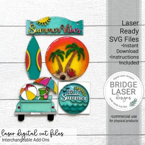 Summer Beach  Laser Cut File, Summer Beach Interchangeable Add On, Surf Board Umbrella Beach, Summer Tier Tray, Summer Laser Designs SVG