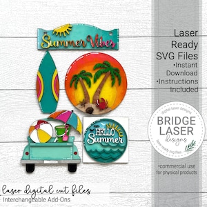 Summer Beach  Laser Cut File, Summer Beach Interchangeable Add On, Surf Board Umbrella Beach, Summer Tier Tray, Summer Laser Designs SVG