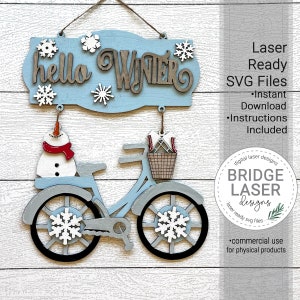 Winter Door Hanger Laser File, Winter Snowman Bike Laser Cut Design SVG, Winter Welcome Sign Laser File, Snowman Snowflakes Ice Skates  SVG