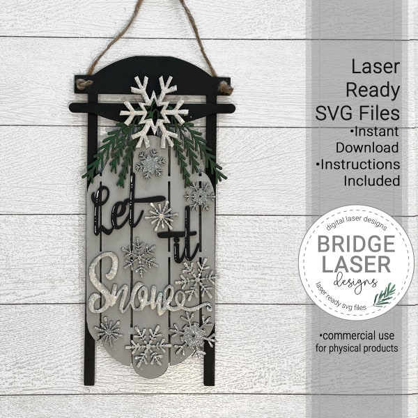 Sled Door Hanger, Let it Snow Sled, Décorations de porte, Laser Cut File, Door Hanger SVG, Winter Snowflake Glowforge Laser Design SVG