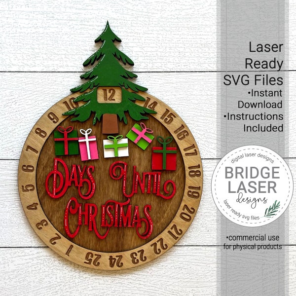 Weihnachtsbaum Geschenke Countdown Laser Cut Datei, Weihnachtsbaum Countdown SVG, Tage bis Weihnachten, Glowforge Laser Design, Weihnachtslaser