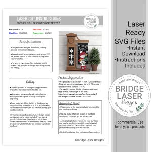 K&ouml;nnte beinhalten: Ein digitales Laserschnitt-Anleitungsblatt f&uuml;r SVG-Dateien mit einem Schneemann-Schild-Projekt. Das Dokument enth&auml;lt grundlegende Anweisungen, Schnittrichtlinien, Produktinformationen und Montageschritte f&uuml;r ein 13,7 x 27,3 cm gro&szlig;es Holzschild.