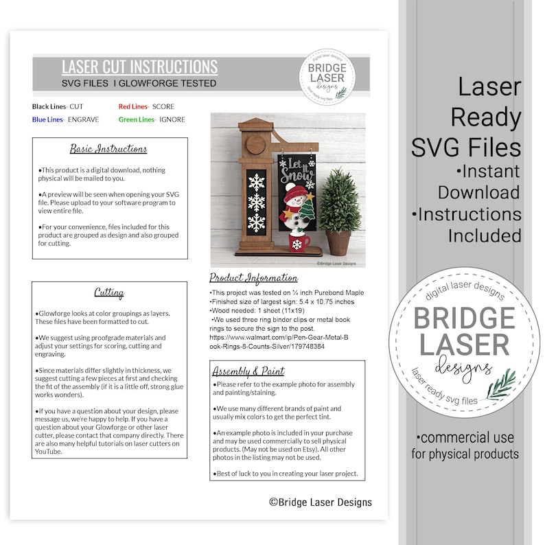 K&ouml;nnte beinhalten: Ein digitales Laserschnitt-Anleitungsblatt f&uuml;r SVG-Dateien mit einem Schneemann-Schild-Projekt. Das Dokument enth&auml;lt grundlegende Anweisungen, Schnittrichtlinien, Produktinformationen und Montageschritte f&uuml;r ein 13,7 x 27,3 cm gro&szlig;es Holzschild.