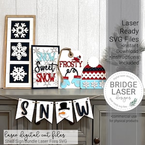 Winter Laser Cut Files, Winter Shelf Sign Bundle SVG, Winter Laser Files, Leaning Frame Laser File, Snowman, Snowflake, Winter Hat Laser SVG