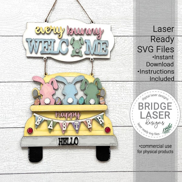 Easter Door Hanger Laser File, Spring Farm Truck  Laser Cut Design SVG, Bunny Welcome Sign Laser File, Spring Easter Sign Laser Cut SVG