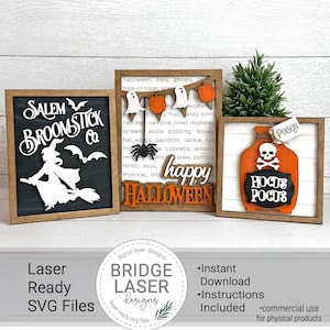 May include: Three wooden signs with Halloween themes. The first sign is black with white lettering and a silhouette of a witch flying on a broomstick. The text reads "Salem Broomstick Co.". The second sign is brown with orange and white lettering and a banner with pumpkins and ghosts. The text reads "Happy Halloween". The third sign is white with orange lettering and a black and white skull and crossbones. The text reads "Poison" and "Hocus Pocus".