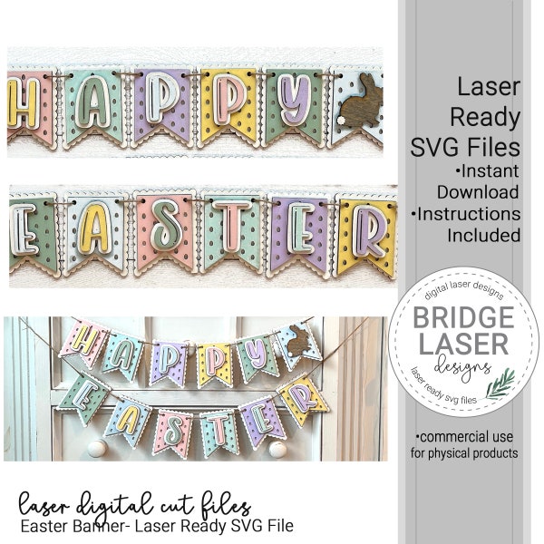 Happy Easter Laser Cut File, Easter Banner, Happy Easter Banner Bunny Laser File, Glowforge Laser Design