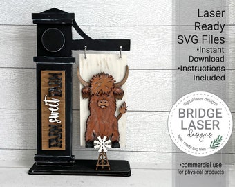 Archivo láser intercambiable de vaca de las Tierras Altas, letrero intercambiable de poste agrícola, archivo láser para letrero de vaca de las Tierras Altas, SVG láser de granja de vacas