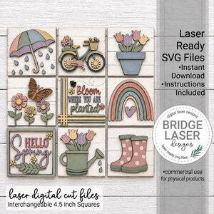 Spring Laser Cut Files, Spring Interchangeable Leaning Sign Bundle File SVG, Bike Flowers Rainbow Umbrella, Glowforge Laser Tiered Tray SVG