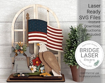 4th of July Shelf Sitter SVG Laser Cut File, Flag Eagle Liberty Bell Trio Stand, Glowforge xTool, Interchangeable Patriotic Flag Decor