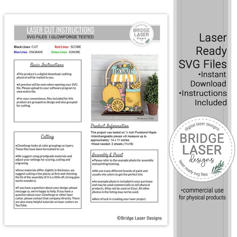 May include: Laser-ready SVG files for a lemonade stand, with instant download and instructions. The design includes a wooden lemonade stand, lemons, and a small potted plant. The project uses 1/2 inch Purebond Maple and measures approximately 14 x 11 inches.