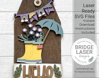 Spring Rain-boots Door Hanger Sign Laser Cut File, Spring Interchangeable Door Hanger SVG, Spring Porch Sign Laser Cut Interchangeable Sign