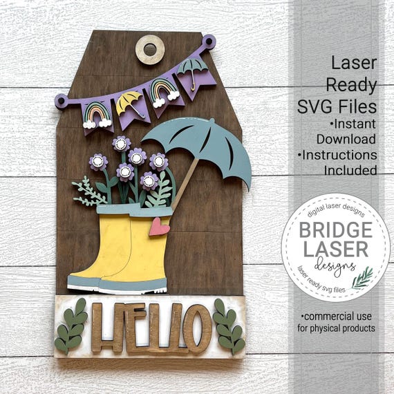 Spring Rain-boots Door Hanger Sign Laser Cut File, Spring Interchangeable Door Hanger SVG, Spring Porch Sign Laser Cut Interchangeable Sign