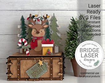 Reindeer Shelf Sitter SVG Laser Cut File, Christmas Reindeer Crate & Trunk Interchangeable, Digital Download