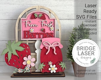 Strawberry Laser Cut File SVG, Summer Interchangeable Trio Insert, Laser File for Glowforge Xtool and Lightburn, Strawberry Farmhouse Decor