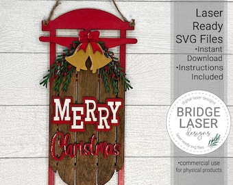 Sled Door Hanger, Merry Christmas Sled, Door Decorations, Laser Cut File, Door Hanger SVG, Christmas Sled Glowforge Laser Design SVG