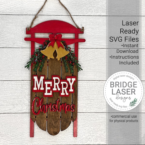 Sled Door Hanger, Merry Christmas Sled, Décorations de porte, Laser Cut File, Door Hanger SVG, Christmas Sled Glowforge Laser Design SVG