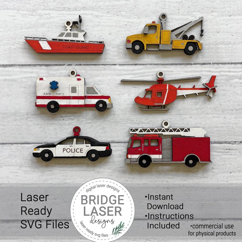 May include: A set of six wooden vehicle ornaments including a red Coast Guard boat, a yellow tow truck, a white ambulance with a blue star, a red helicopter, a black and white police car, and a red fire truck, each featuring a small hanging loop.