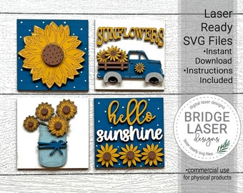 Sunflower Laser Cut Files, Sunflower Interchangeable Leaning Sign Bundle, Sunflower Squares Laser SVG, Sunflower Sign Laser, Fall Laser SVG