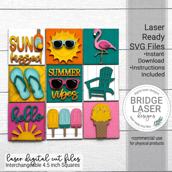 Sommer Laser geschnitten Dateien, Sommer austauschbare schiefe Zeichen Bundle Datei SVG, Sommer Laser Datei, Laser Sommer Quadrate, Flamingo Stuhl Sonne