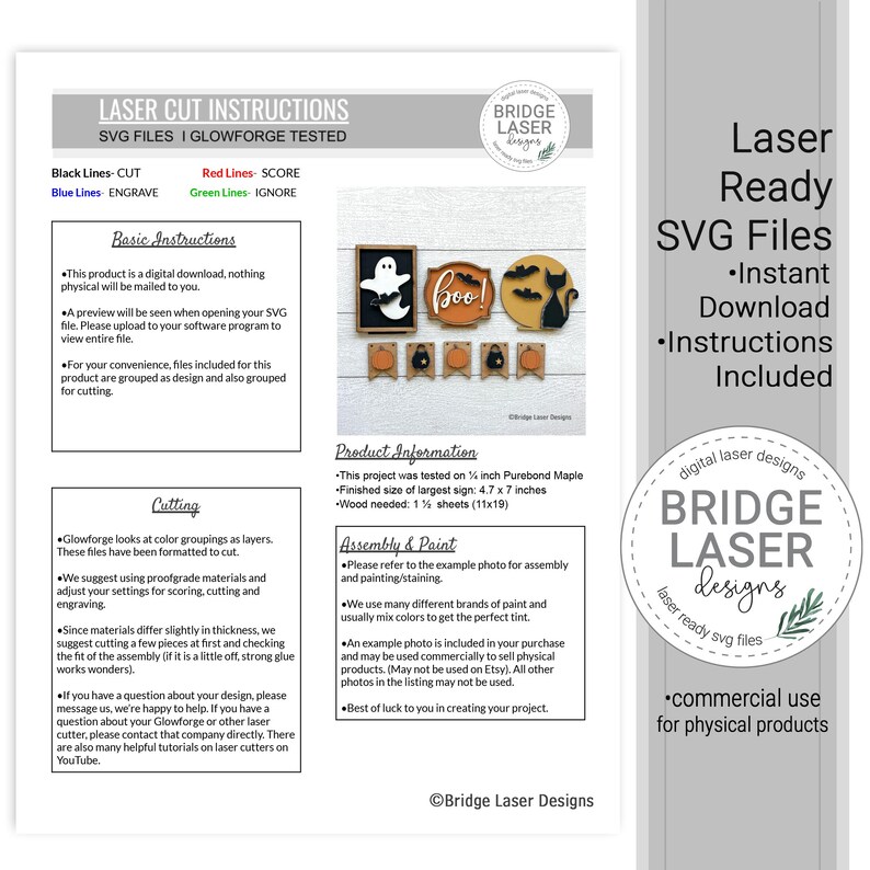 May include: Laser-ready SVG files for Halloween crafts. Includes instant download and instructions. The image shows a ghost, the word "boo!", a black cat, and pumpkins. The largest sign is 4.7 x 7 inches.