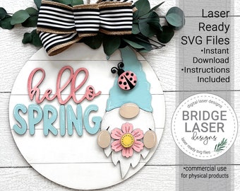 Spring Gnome Door Hanger Laser File, Spring Laser Cut Design SVG, Spring Round Sign Laser File, Hello Spring Gnome Sign Laser Cut SVG