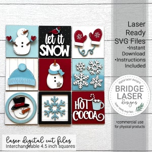 Snowman Laser Cut Files, Snowman Leaning Sign Bundle SVG, Snowman Squares Laser File, Snowman Laser SVG, Winter Laser File, Winter Laser SVG