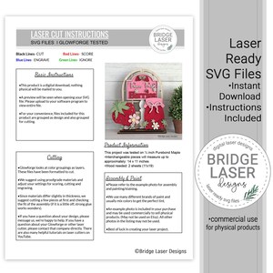 May include: Laser-ready SVG files with instant download instructions. The image shows a strawberry-themed laser-cut design, along with instructions and product information. The design includes a strawberry, a jar, and the text "Farm Fresh".