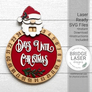 Santa Weihnachten Countdown Laser geschnitten Datei, Weihnachten Santa Countdown SVG, Santa Tage bis Weihnachten, Glowforge Laser Design, Weihnachten Laser