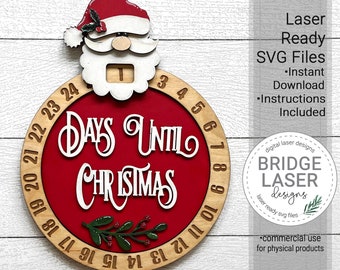 Santa Christmas Countdown Laser Cut File, Christmas Santa Countdown SVG, Santa Days Till Christmas, Glowforge Laser Design, Christmas Laser
