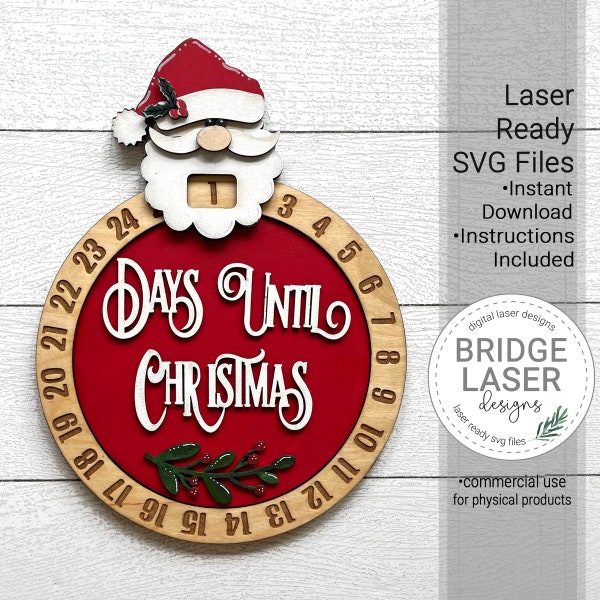 Fichier découpé au laser Santa Noël compte à rebours, Noël père Noël compte à rebours SVG, le père Noël jusqu'à Noël, conception laser Glowforge, laser de Noël