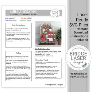 May include: Digital download of laser-ready SVG files for laser cutting. The image shows instructions and a sample project: a wooden watermelon stand with flowers and a small tree. The files are designed for commercial use.