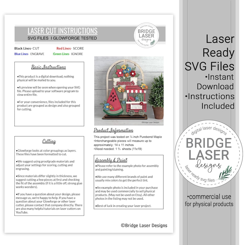 May include: Digital download of laser-ready SVG files for laser cutting. The image shows instructions and a sample project: a wooden watermelon stand with flowers and a small tree. The files are designed for commercial use.