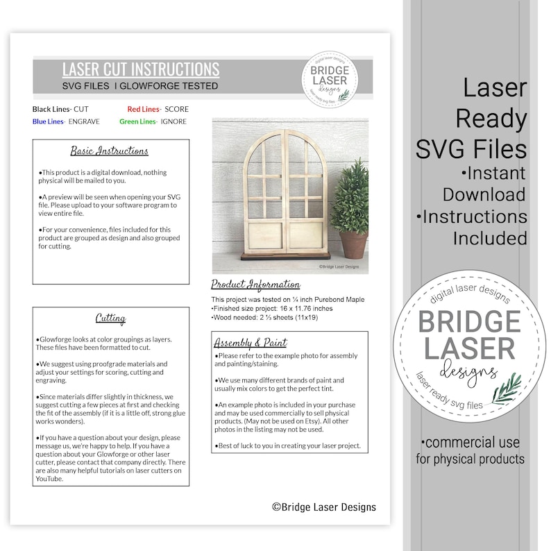 May include: A digital download of laser-ready SVG files for a wooden window design, including instructions. The image shows a finished project of 16 x 11.76 inches, with cutting and engraving instructions. The design is for commercial use.