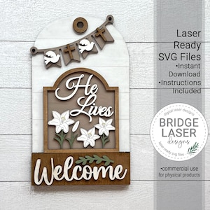Ostern Türhänger Zeichen Laser geschnitten Datei, religiöse Ostern austauschbare Türhänger SVG, er lebt Ostern Kreuz Laser Cut Datei, Osterlilie