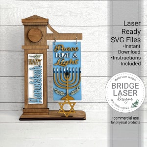 File di taglio laser con segno intercambiabile di Hanukkah, segno di Hanukkah SVG, segno di pace, amore e luce SVG, Hanukkah Post taglio laser SVG