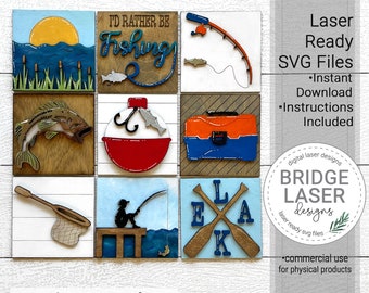 Fishing Laser Cut File, Summer Lake Interchangeable Leaning Sign Bundle File SVG, Fathers Day Laser,Laser Fishing Square,Bass Fishing Pole