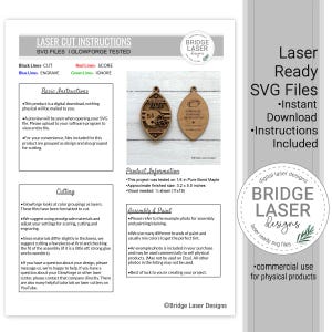 May include: A digital download instruction sheet for laser cut football-shaped ornaments. The document includes SVG file guidelines, assembly steps, and a visual example of a wooden football ornament featuring the name Jackson, 2026, and 54.