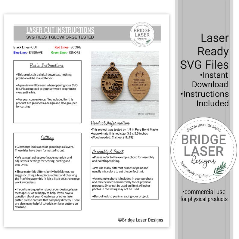 May include: A digital download instruction sheet for laser cut football-shaped ornaments. The document includes SVG file guidelines, assembly steps, and a visual example of a wooden football ornament featuring the name Jackson, 2026, and 54.