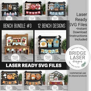 Könnte beinhalten: Eine Sammlung von 12 laserfertigen SVG-Dateien für Bankdesigns. Das Bild zeigt verschiedene dekorative Bänke mit saisonalen Themen, darunter Winter, Valentinstag und Herbst. Jede Bank verfügt über detaillierte Laserschnittelemente und dekorative Akzente.