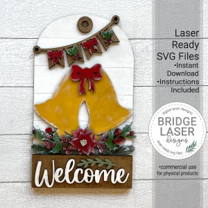 Kerstbel deurhanger bord lasergesneden bestand, kerst verwisselbare deurhanger SVG, kerst veranda verwisselbaar bord lasergesneden